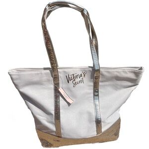 Victoria's Secret Sparkly Gold and White Tote Bag NWT Zips